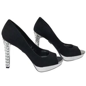 Simply Vera Wang Black Peep Toe Platform‎ Pump Crystal Heel Silver Accent 8.5